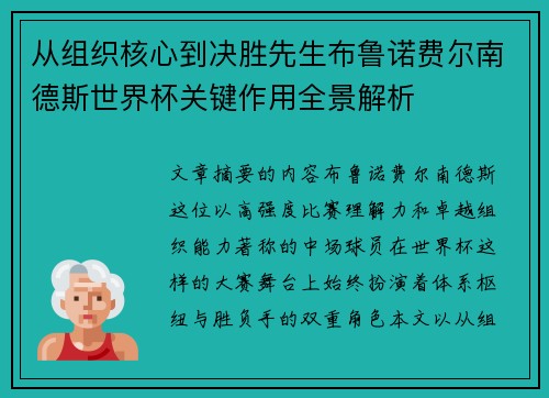 从组织核心到决胜先生布鲁诺费尔南德斯世界杯关键作用全景解析